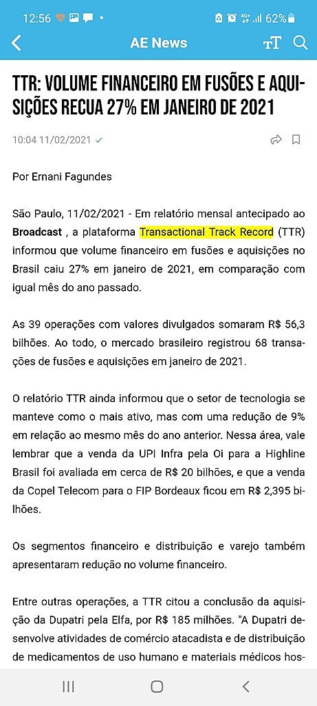 TTR: Volume financeiro em fuses e aquisies recua 27% em janeiro de 2021